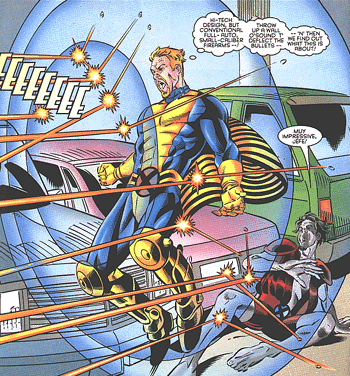 Banshee deflecting bullets with his sonic power: GenX Annual '96
